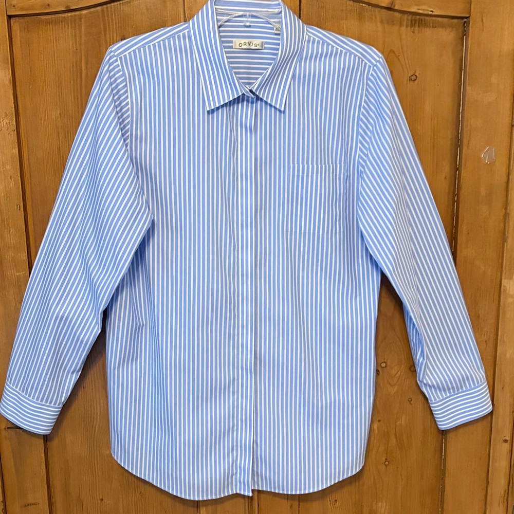 Orvis Light Blue & White Striped Wrinkle Free 100% Cotton Blouse Womens Sz 14